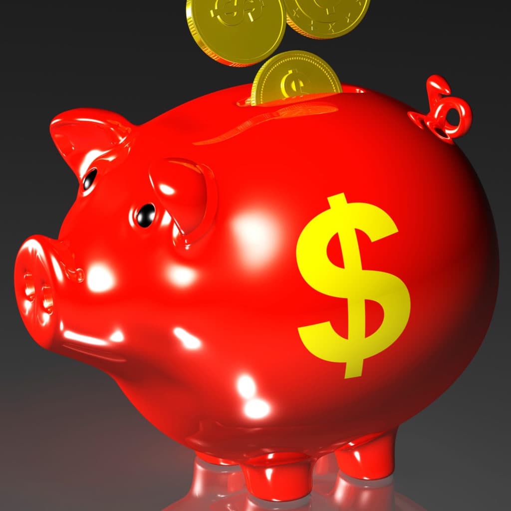 Coins Entering Piggybank Shows American Revenues And Investing