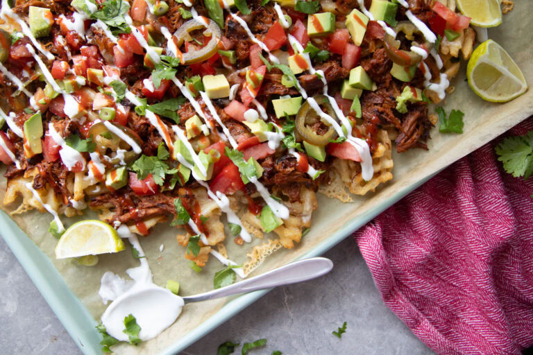 nachos frites gaufrees porc effiloche recette recipe fries pulled pork cinq fourchettes